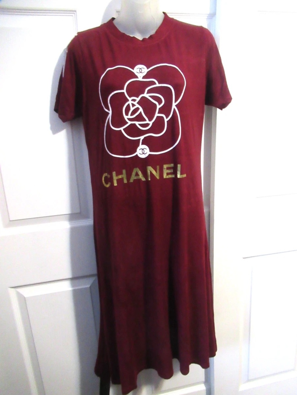 Burgundy Maxi Dress with White Camellia and Gold Logo